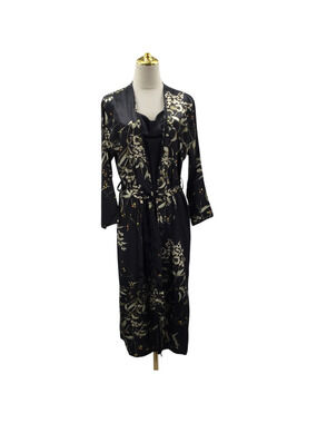 KIMONO SZ M black floral robe and slip pajama lounge 2 piece set NEW 0B8
